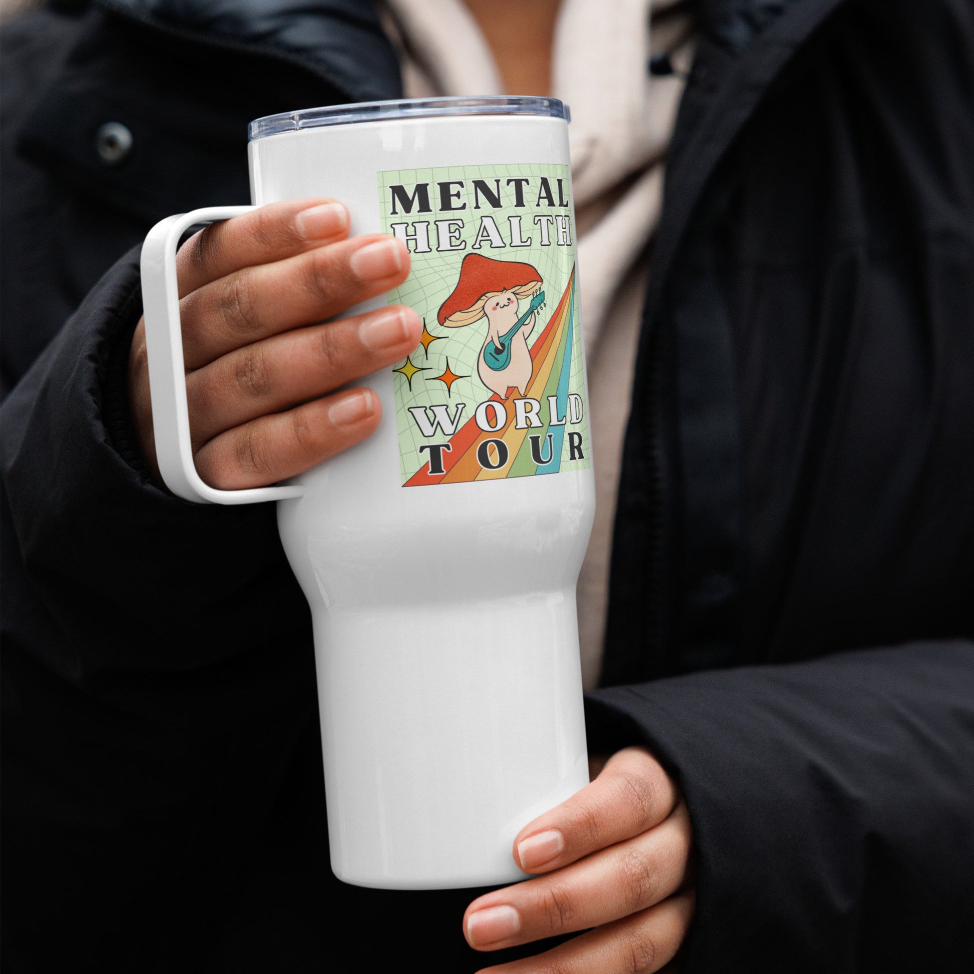 Travel Mug 'Mental Health World Tour', stainless steel mug with handle, Mental Health Awareness, Coffee Cup, Tea Cup, Self Care, Charity