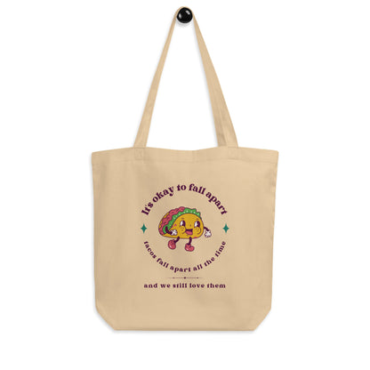 Mental Health Tote Bag &#39;It&#39;s okay to fall apart Taco&#39;, part of profit donated to Mental Health Charity, Self Care, ADHD, Anxiety, Tote Bag