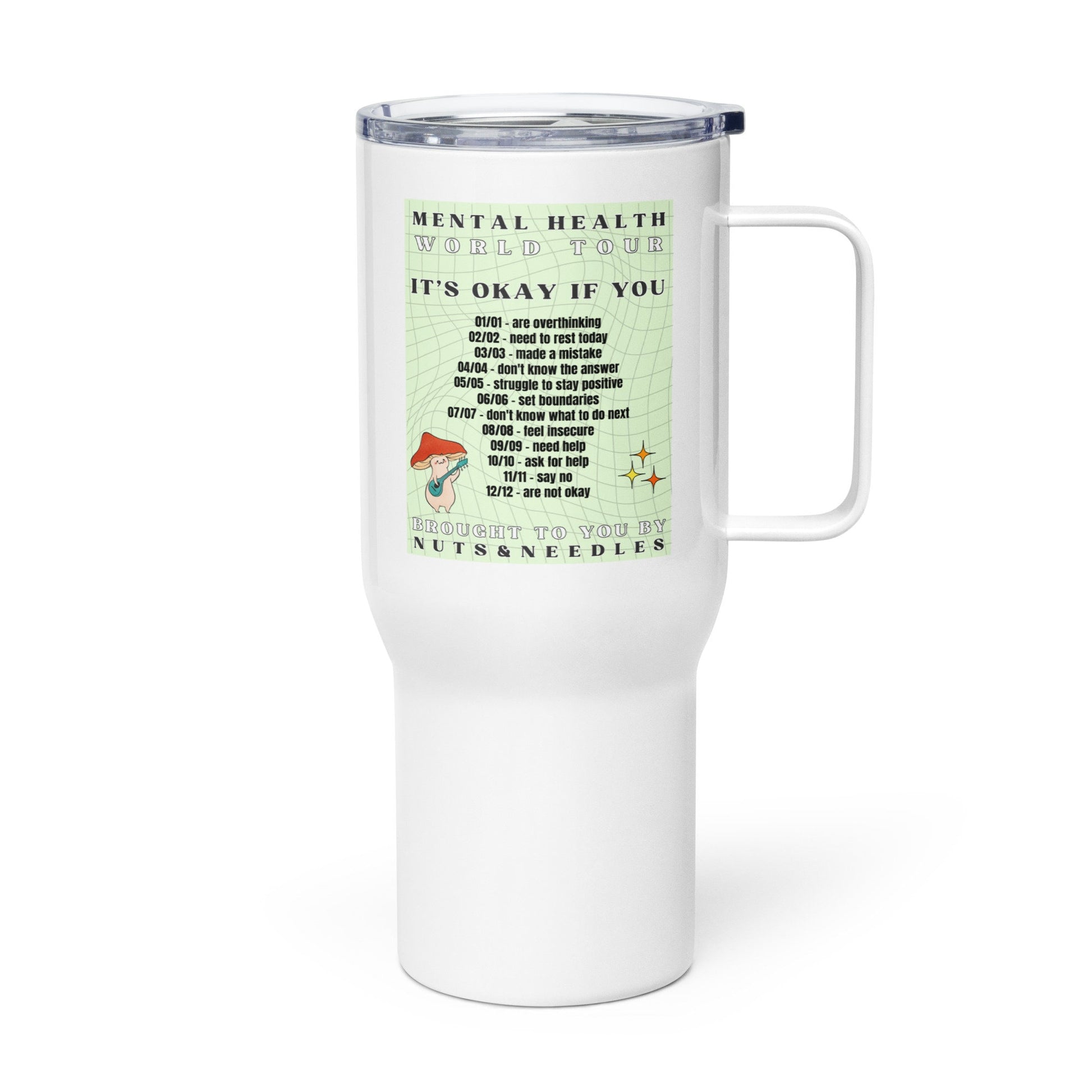 Travel Mug &#39;Mental Health World Tour&#39;, stainless steel mug with handle, Mental Health Awareness, Coffee Cup, Tea Cup, Self Care