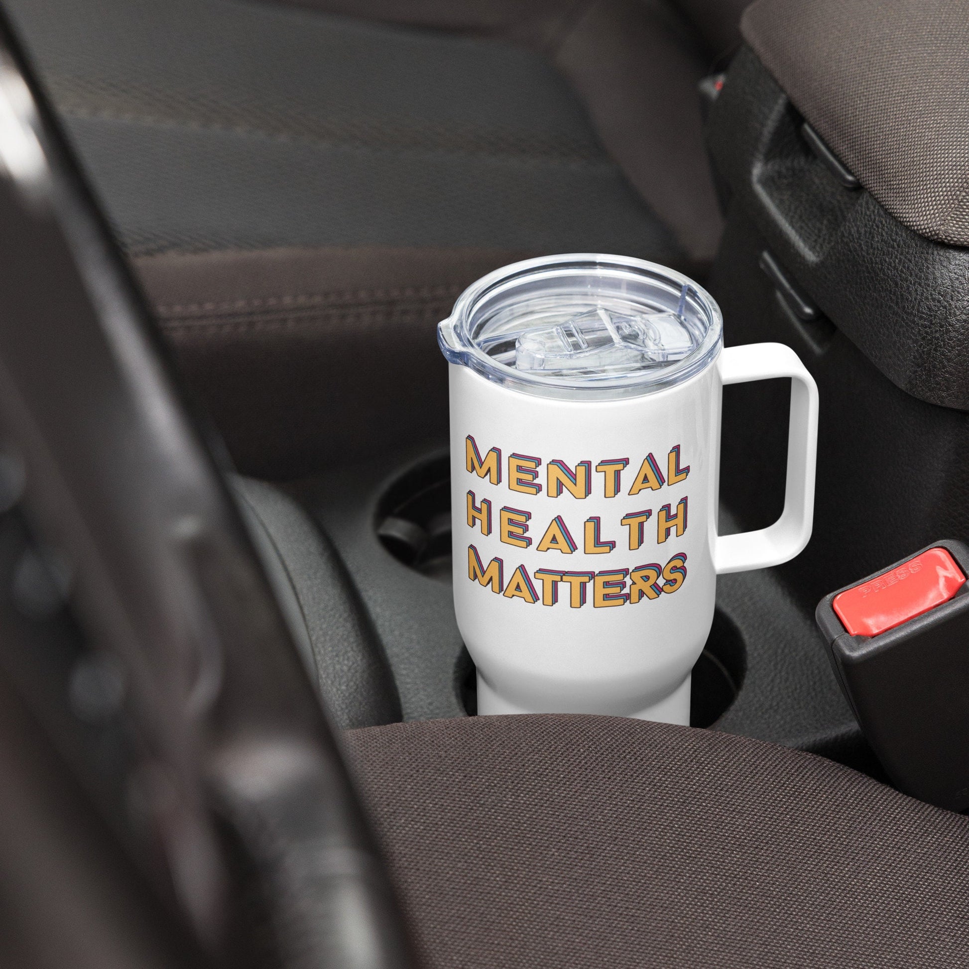 colorful Travel Mug with handle 'Mental Health Matters', Mental Health Awareness, part of profit donated to charity, Self Care, coffee mug