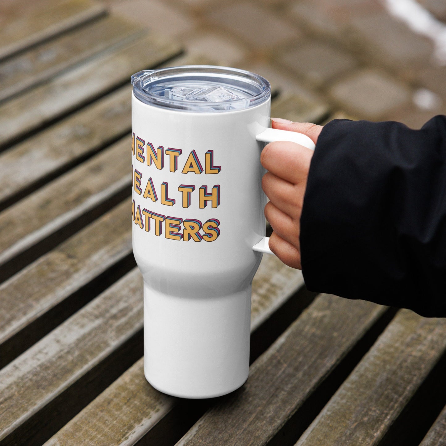 colorful Travel Mug with handle 'Mental Health Matters', Mental Health Awareness, part of profit donated to charity, Self Care, coffee mug